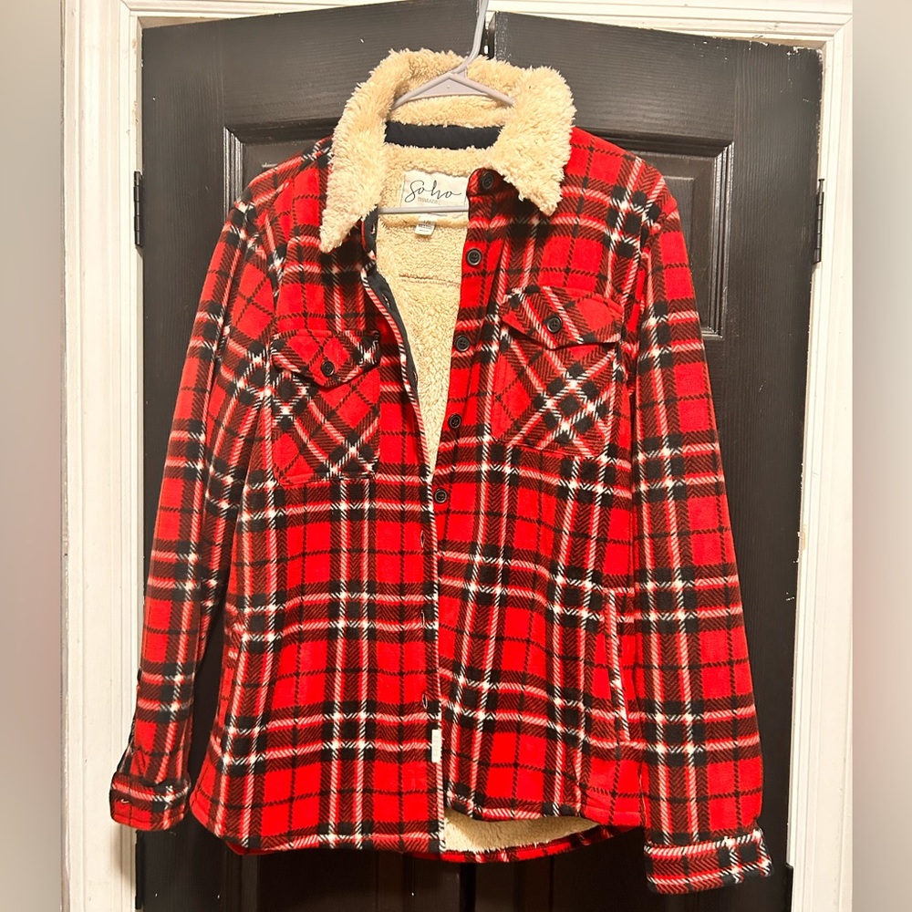 Red Plaid Soho Threads Sherpa Lined Button Up Jac… - image 1